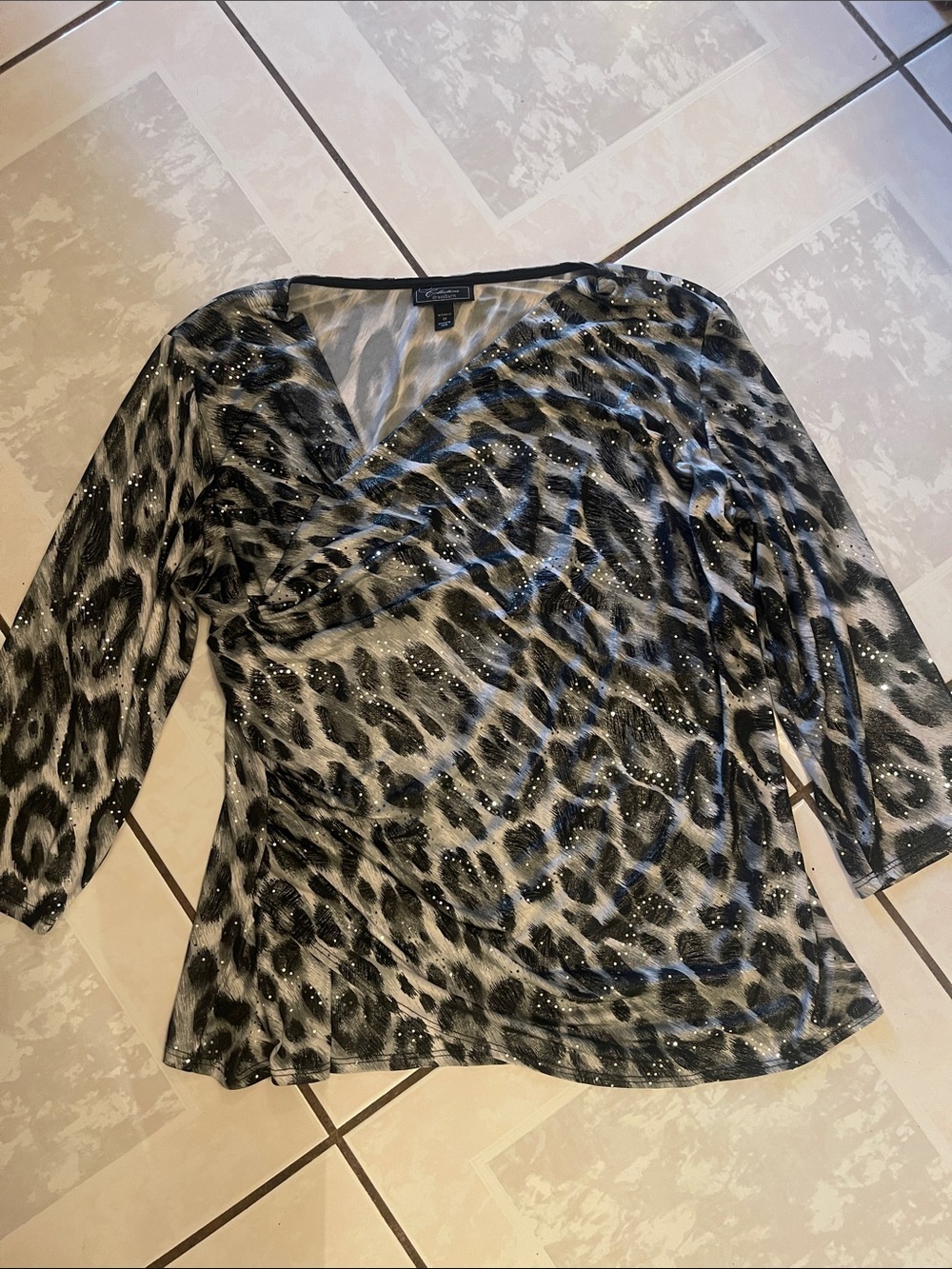 Perceptions Dress barn Black and Gray Leopard-Print Draped V-Neck Blouse